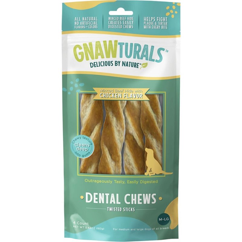 Gnawturals Dental Chews Twisted Sticks | for Large Dogs | Natural Scrubbing Action to Fight Plaque and Tartar While Refreshing Your Dog's Breath (4 Sticks, Chicken)