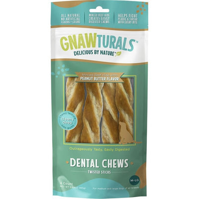 Gnawturals Dental Chews Twisted Sticks | for Large Dogs |Natural Scrubbing Action to Fight Plaque and Tartar While Refreshing Your Dog's Breath (4 Sticks, Peanut Butter)