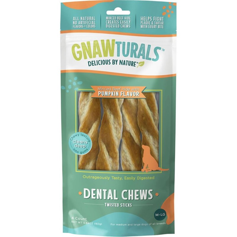 Gnawturals Dental Chews Twisted Sticks | for Large Dogs | Natural Scrubbing Action to Fight Plaque and Tartar While Refreshing Your Dog's Breathh (4 Sticks, Pumpkin)