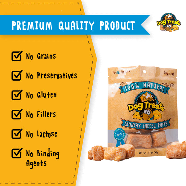 Tibetan Crunchy Cheese Puffs - Yak Dog Chew Puffs - All Natural - Healthy Reward and Training Treats for Dogs, (3.5oz Bag)