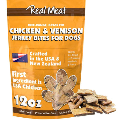 Real Meat Dog Treats - 12oz Bag of Bite-Sized Air-Dried Venison & Chicken Jerky for Dogs - Grain-Free Jerky Dog Treats Made up of 95% Human-Grade, Free-Range Venison & Chicken - All-Natural Dog Treats