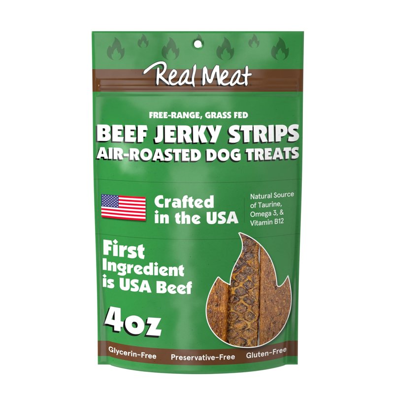 Real Meat Dog Treats - 4oz Bag of Human-Grade Air-Roasted Strips of USA Beef Jerky for Dogs - Grain-Free & All-Natural Beef Jerky Dog Treats Made with Free-Range, Grass-Fed USA Beef