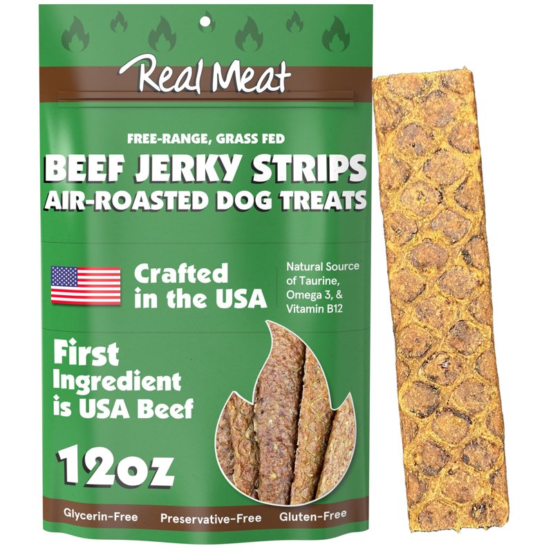 Real Meat Dog Treats - 12oz Bag of Human-Grade Air-Roasted Strips of USA Beef Jerky for Dogs - Grain-Free & All-Natural Beef Jerky Dog Treats Made with Free-Range, Grass-Fed USA Beef