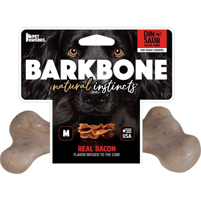 Pet Qwerks Dinosaur BarkBone - Nylon Dog Bone for Tough Chewers -Real Bacon Flavor