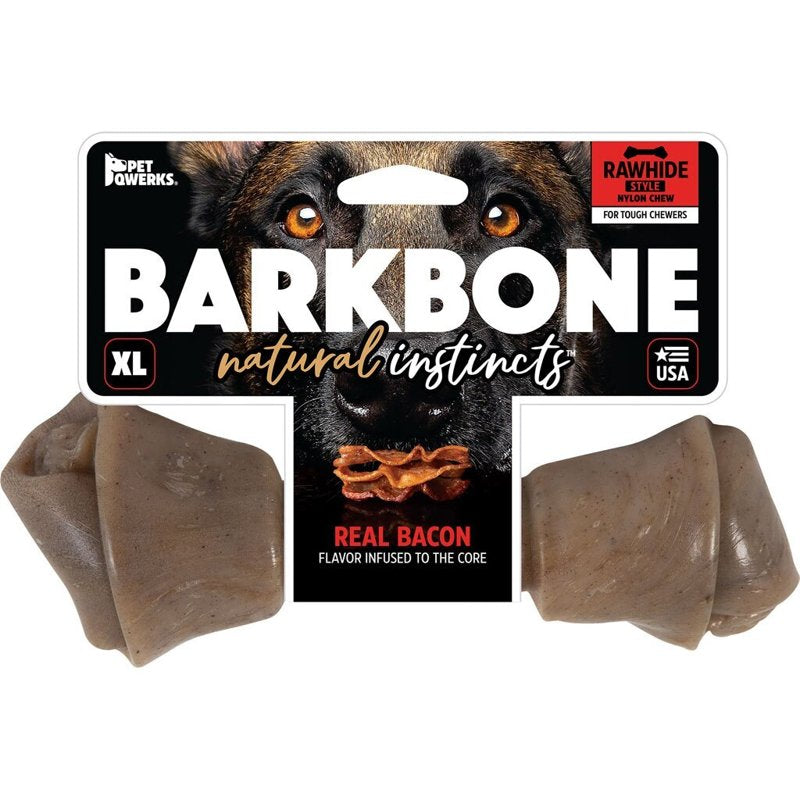 Pet Qwerks Nylon Rawhide BarkBone - Durable Dog Toys for Moderate & Aggressive Chewers - Infused Bacon Flavor - 9.75"