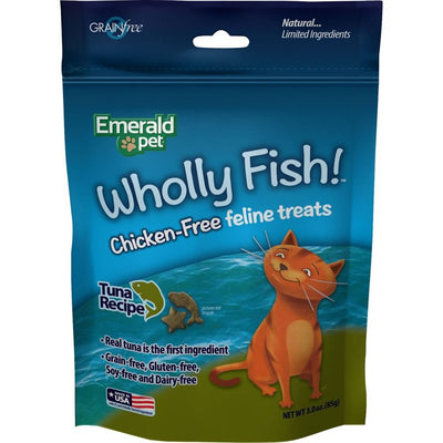 Emerald Pet Wholly Fish! Chicken-Free Feline Treats, Tuna Recipe - Tasty and Crunchy Tuna Cat Treats with Real Tuna - Chicken Free, Grain Free, Natural Cat Treats - Made in USA, 3 oz