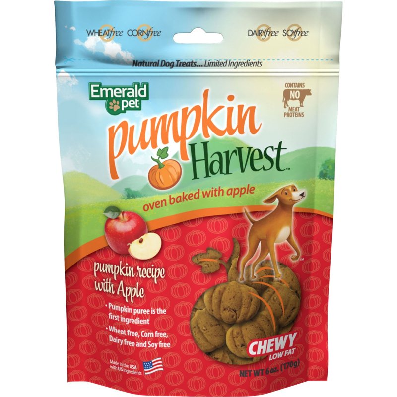 Emerald Pet Pumpkin Harvest Pumpkin Dog Treats - Low-Fat Chewy Natural Dog Treats with Pumpkin for Digestive Health - Meat Free, Poultry Free, Wheat Free Dog Treats - Apple, 6 oz