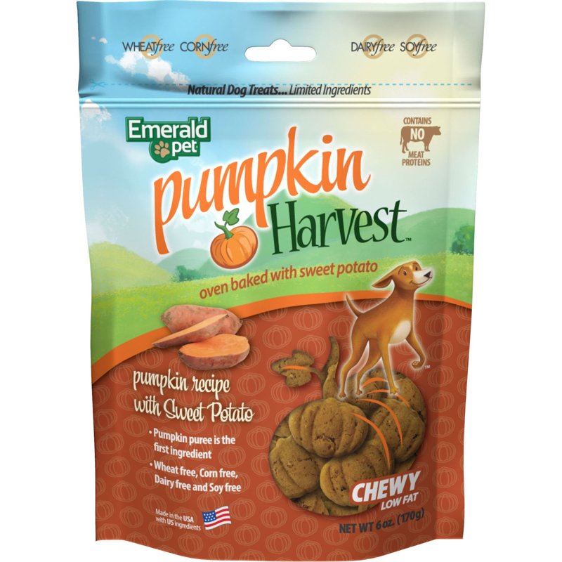 Emerald Pet Pumpkin Harvest Pumpkin Dog Treats - Low-Fat Chewy Natural Dog Treats with Pumpkin for Digestive Health - Meat Free, Poultry Free, Wheat Free Dog Treats - Sweet Potato, 6 oz