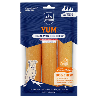 Himalayan Dog Chew Yak Cheese Dog Chews, Lactose Free & Grain Free, USA Made, For All Dog Breeds, Medium Density Cheese Chew, Resealable Pouch with 3 YUM Treats, Peanut Butter Flavor