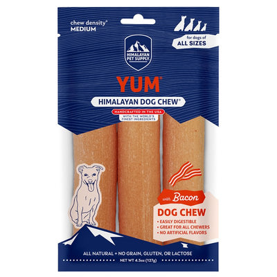 Himalayan Dog Chew Yak Cheese Dog Chews, Lactose Free & Grain Free, USA Made, For All Dog Breeds, Medium Density Cheese Chew, Resealable Pouch with 3 YUM Treats, Bacon Flavor