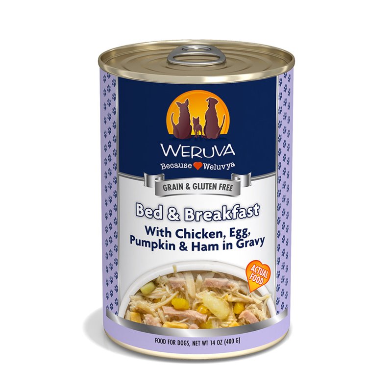 Weruva Classic Dog Food, Bed & Breakfast with Chicken, Egg, Pumpkin & Ham in Gravy, 5.5oz Can, Blue