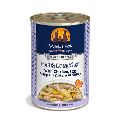 Weruva Classic Dog Food, Bed & Breakfast with Chicken, Egg, Pumpkin & Ham in Gravy, 5.5oz Can, Blue