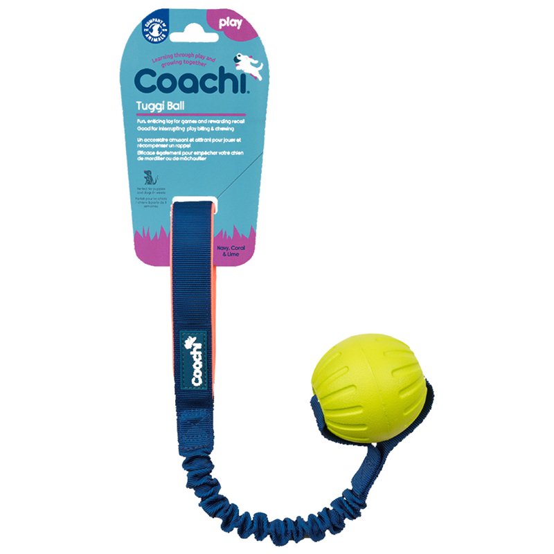 Coachi Tuggi Ball - Interactive Dog Toy for Tug of War & Play. Strong & Comfortable, Stretchy Bungee Handle, Reward Training, Interrupting Biting & Chewing. Ideal for Agility and Suitable for Puppies