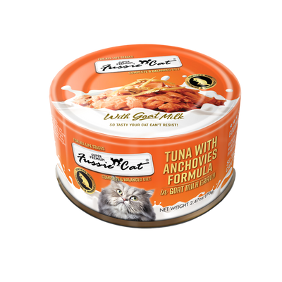 Fussie Cat Tuna with Anchovies Formula in Goat Milk Recipe Wet Cat Food, 2.47 oz Can