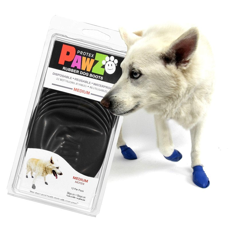 PawZ Rubber Dog Boots for Paws up to 2.5" - 3" - Dog Booties for Hot Pavement, Anti Slip Dog Socks, 12 Reusable Paws Waterproof Dog Boots, M, Black