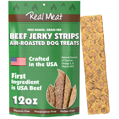 Real Meat Dog Treats - 12oz Bag of Human-Grade Air-Roasted Strips of USA Beef Jerky for Dogs - Grain-Free & All-Natural Beef Jerky Dog Treats Made with Free-Range, Grass-Fed USA Beef