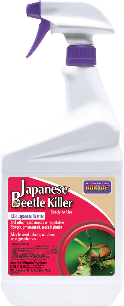 Front view of a white spray bottle with purple cap and label for Bonide Japanese Beetle Killer, 32 fl oz.