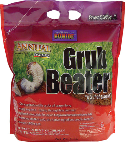 Front view of a red and purple packaged product labeled Bonide Annual Grub Beater.