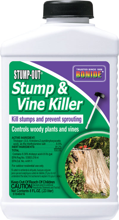 Front view of a white bottle with a black cap labeled Bonide Stump-Out Stump & Vine Killer, 8 fl oz.