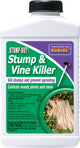 Front view of a white bottle with a black cap labeled Bonide Stump-Out Stump & Vine Killer, 8 fl oz.