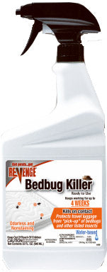 Front view of a white spray bottle with a black nozzle labeled 'Revenge Bedbug Killer' in orange and black text.