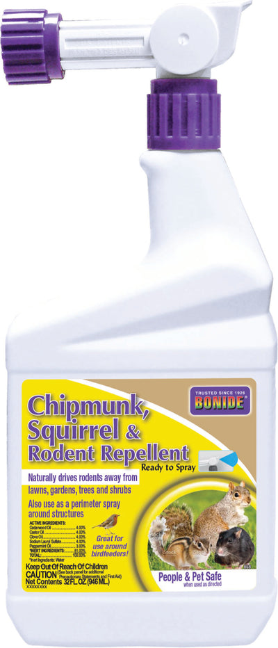 Front view of a white Bonide spray bottle with purple cap and yellow label for Chipmunk, Squirrel & Rodent Repellent.