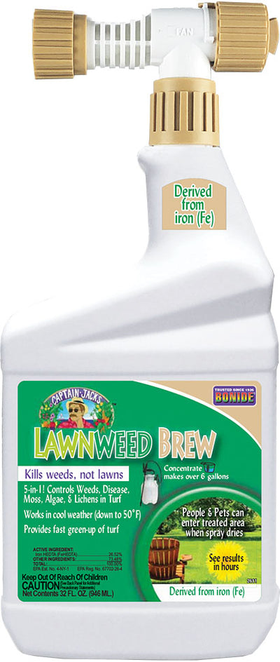 Front view of Captain Jack's Lawnweed Brew packaged product, 32 fl oz, white bottle with gold accents.