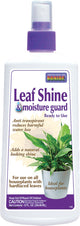 Front view of a white Bonide Leaf Shine & Moisture Guard spray bottle with purple cap and label.
