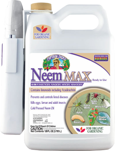A white 128 fl oz bottle of Captain Jack's NeemMAX ready-to-use spray with a pump sprayer attached.