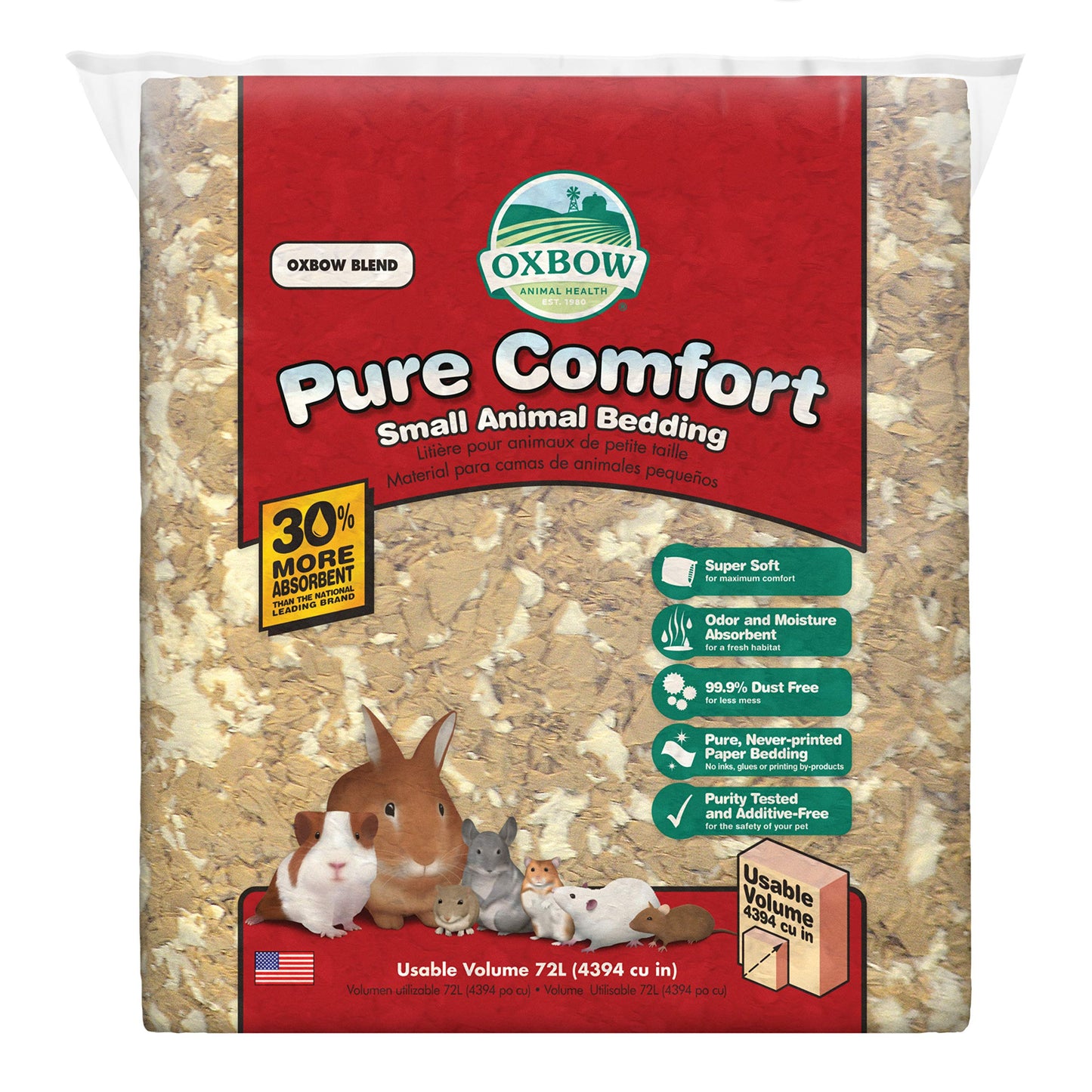 Oxbow Pure Comfort Small Animal Bedding - Odor & Moisture Absorbent, Dust-Free Bedding for Small Animals, Blend, 72 Liter Bag