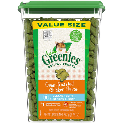 FELINE GREENIES Adult Dental Cat Treats, Oven Roasted Chicken Flavor, 9.75 oz. Tub