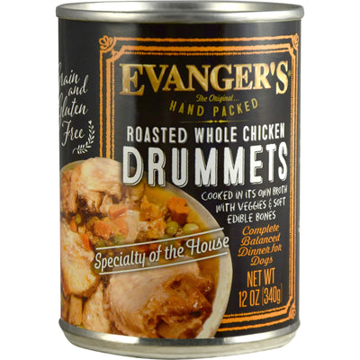 Evanger's Hand Packed Roasted Chicken Drummet Dinner for Dogs, 12 x 12 oz cans