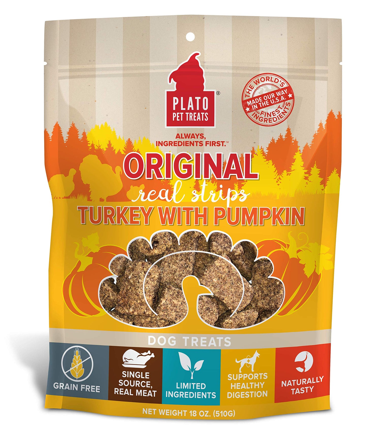 PLATO Turkey Real Strips Natural Dog Treats - Real Meat - Air Dried - Made in the USA - Turkey & Pumpkin, 18 ounces