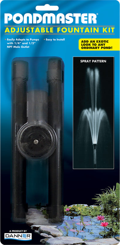 Pondmaster Adjustable Fountain Kit packaged product showing the fountain head and spray pattern illustration.