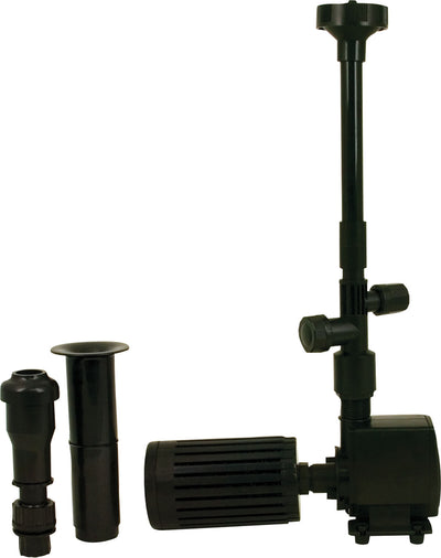 Tetra Pond Filtration Fountain Kit components: black pump, vertical tube, and two nozzles in a close-up view.