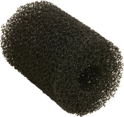 Close-up of a black, cylindrical mesh prefilter cartridge for a pond water pump.