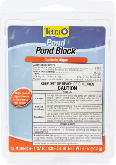 Packaged Tetra Pond Block product with front view showing label details and caution text.