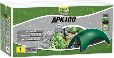 Packaged Tetra Pond APK100 Air Pump Kit with green and black pump, included items, and warranty label.