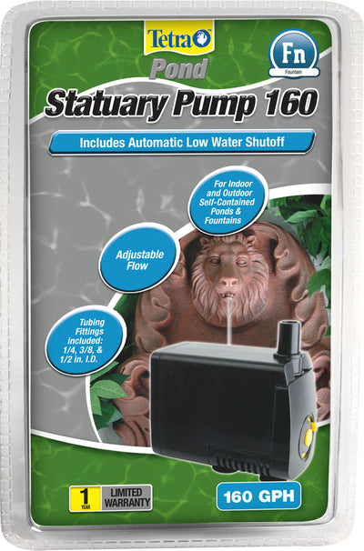 Packaged Tetra Pond Statuary Pump 160 GPH with black pump, lion fountain image, and blue feature labels.
