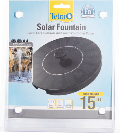 Packaged Tetra Solar Fountain product with a black circular base and a yellow label showing max height 15 in.