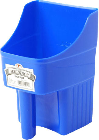 Blue plastic feed scoop labeled "FEED SCOOP 3 QUART" with a label showing a logo, front view.