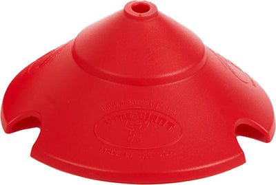 Close-up of a red plastic poultry feeder cover with two side notches and a top hole.