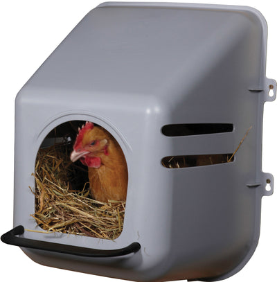 Gray Little Giant Plastic Wall Mount Nesting Box with a hen in straw, front view