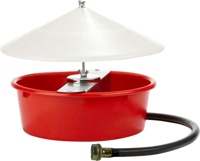 Red Little Giant Automatic Poultry Waterer with white cone top and black hose, front view close-up