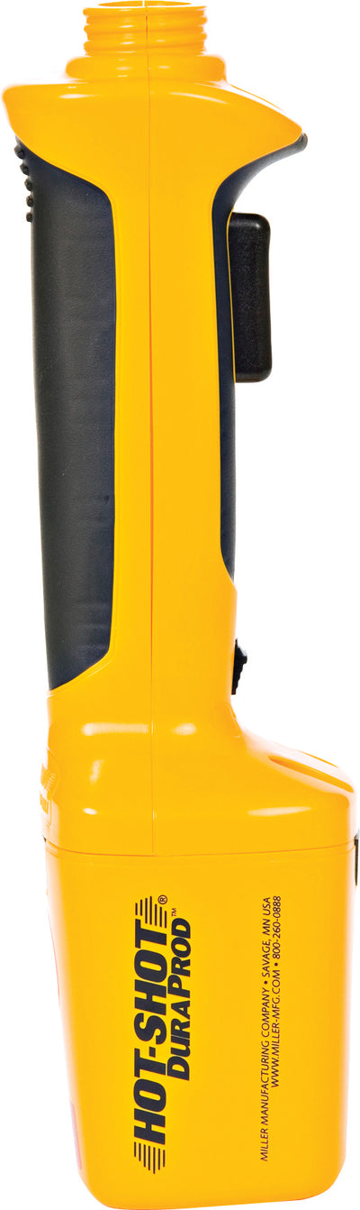 Yellow and black Hot Shot Duraprod livestock prod with batteries, packaged product close-up
