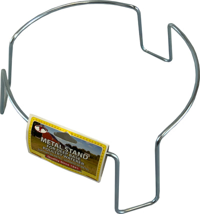 Metal stand for deep base poultry waterer with attached label showing brand logo and product name.