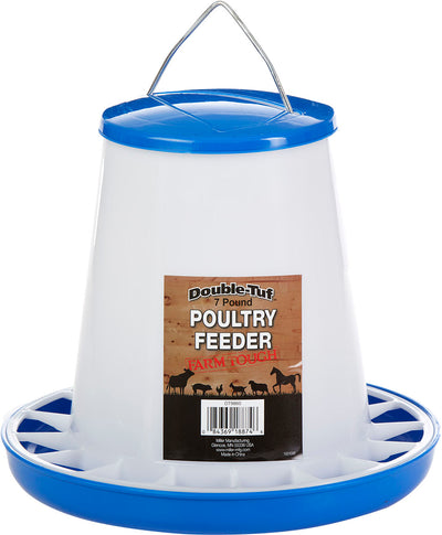 Blue and white Double-Tuf 7 pound poultry feeder with a handle and label showing farm animals.