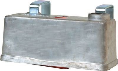 Silver Little Giant Aluminum Trough-O-Matic Float Valve, close-up of front view showing metal body and mounting brackets