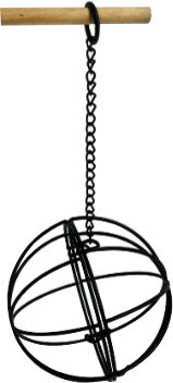 Black wireframe globe-shaped chicken treat ball hanging from a wooden dowel by a chain.