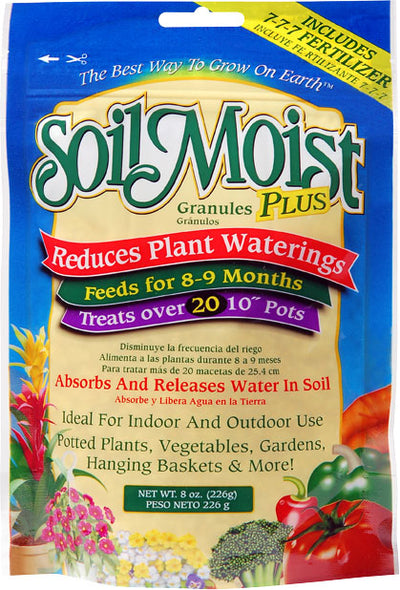 Front view of Soil Moist Plus Granules packaged product, 8 oz size, blue and yellow packaging with plant images.